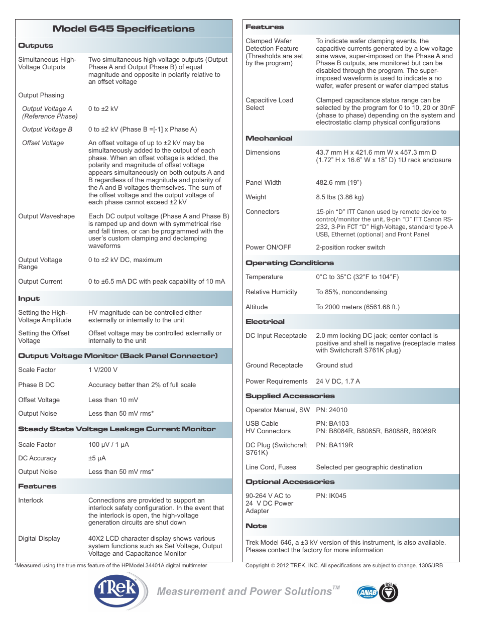 Measurement and power solutions, Model 645 specifications | Trek 645 Electrostatic Chuck Supply User Manual | Page 2 / 2
