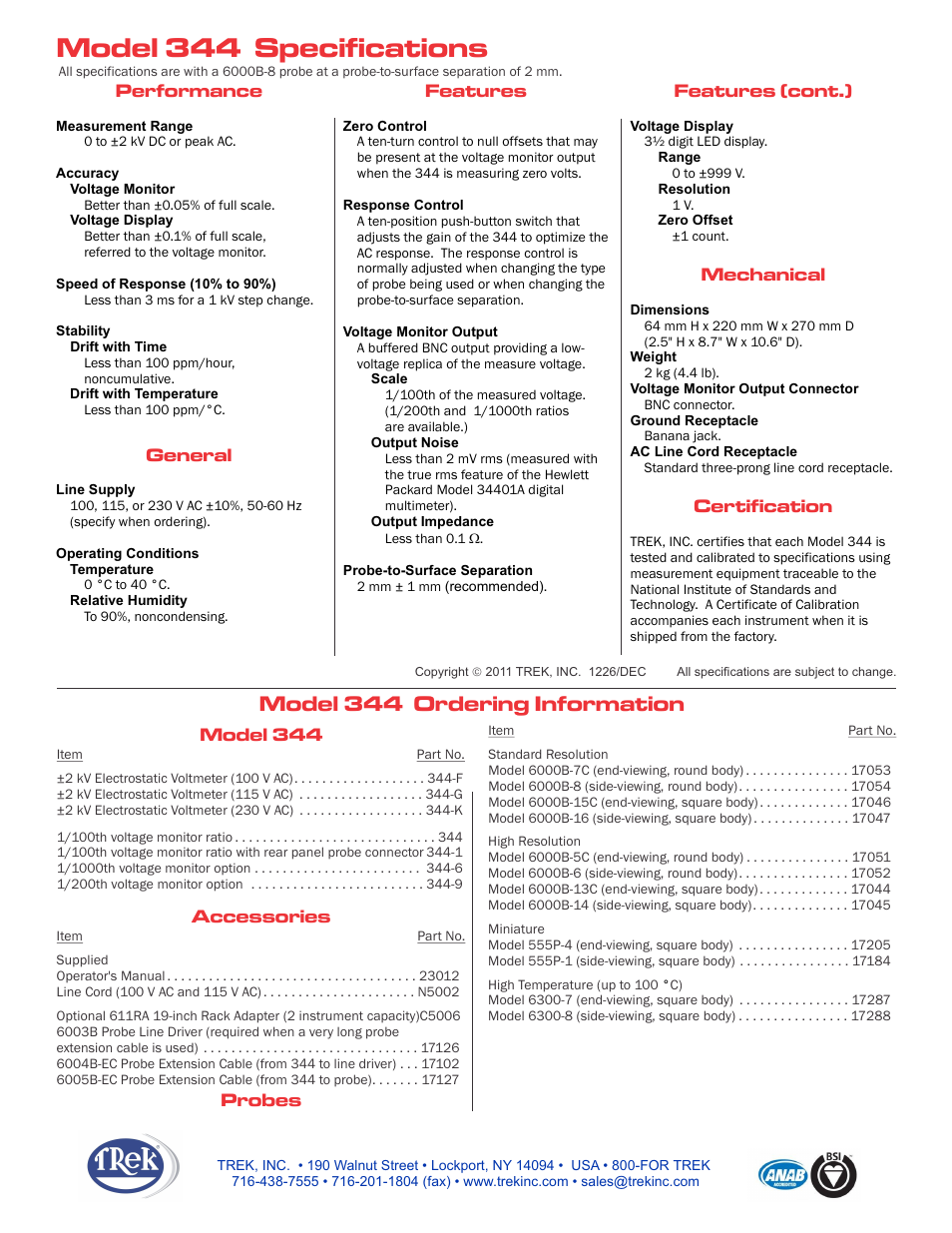 Model 344 ordering information, Model 344 accessories probes | Trek 344 DC Stable Electrostatic Voltmeter User Manual | Page 2 / 2