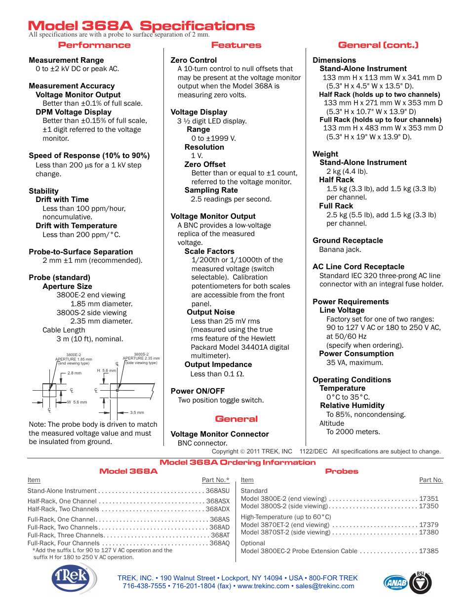 Performance features general (cont.) general | Trek 368A DC Stable Noncontacting Electrostatic Voltmeter User Manual | Page 2 / 2