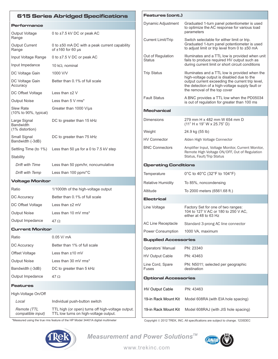 Measurement and power solutions, 615 series abridged specifications | Trek 615 series High-Voltage AC-DC Generator User Manual | Page 2 / 2