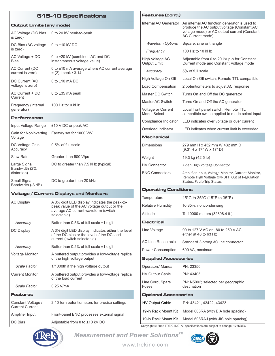 Measurement and power solutions, 10 specifications | Trek 615-10 High-Voltage AC-DC Generator User Manual | Page 2 / 2