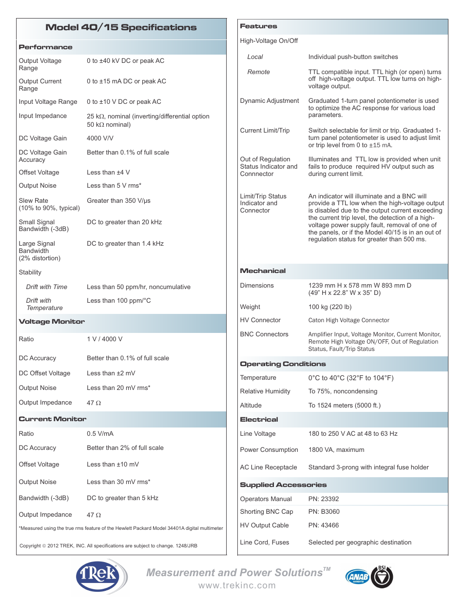 Measurement and power solutions, Model 40/15 specifications | Trek 40-15 High-Voltage Power Amplifier User Manual | Page 2 / 2