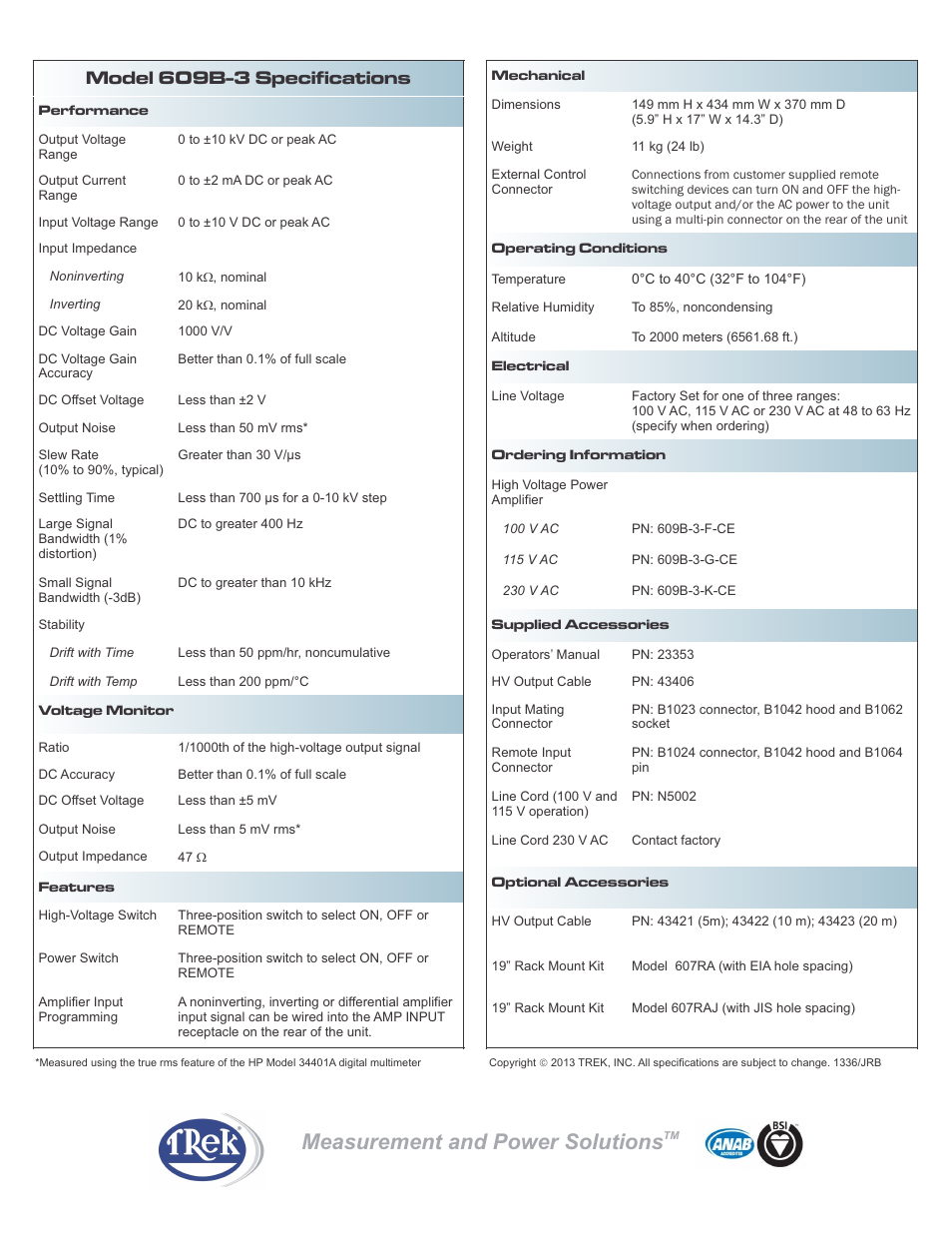 Measurement and power solutions, Model 609b-3 specifications | Trek 609B-3 High-Voltage Power Amplifier User Manual | Page 2 / 2