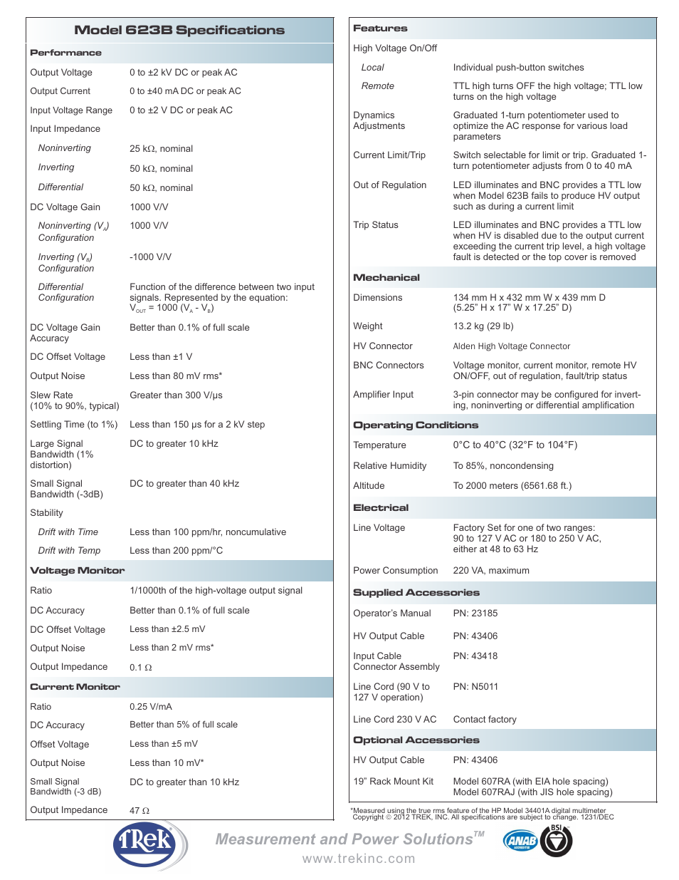 Measurement and power solutions, Model 623b specifications | Trek 623B High-Voltage Power Amplifier User Manual | Page 2 / 2