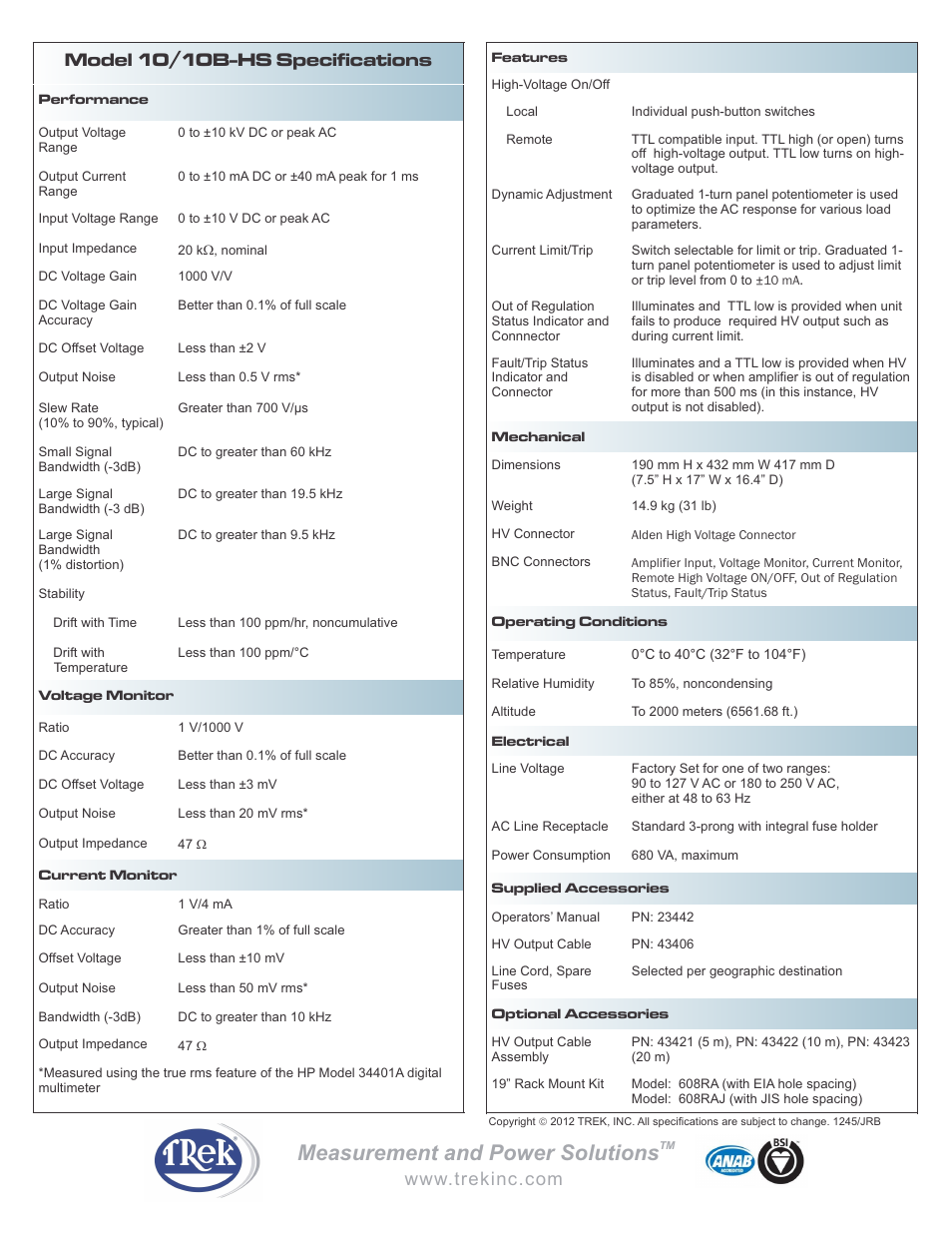 Measurement and power solutions, Model 10/10b-hs specifications | Trek 10-10B-HS High-Voltage Power Amplifier User Manual | Page 2 / 2
