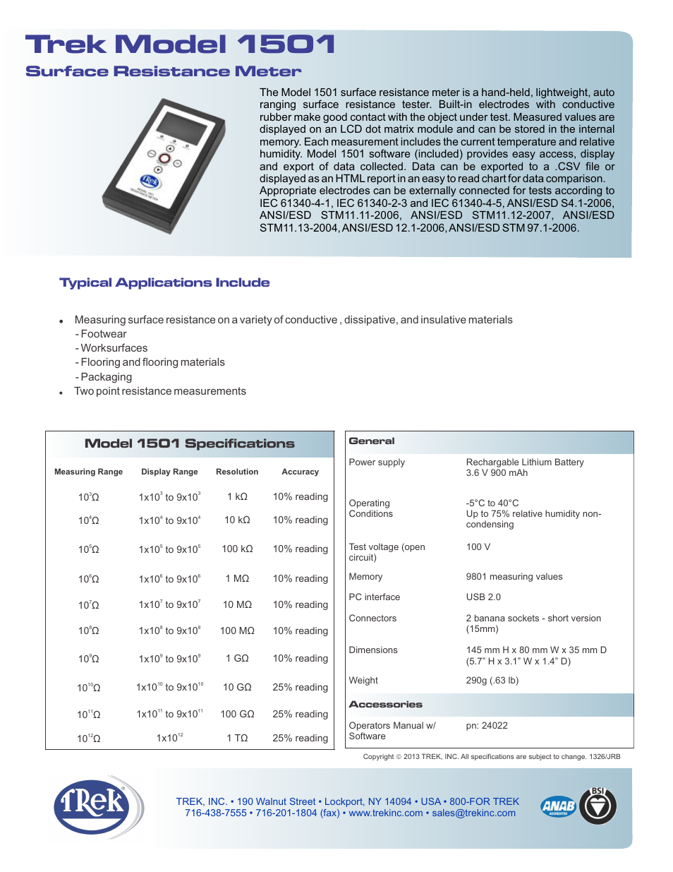 Trek 1501 Surface Resistance Meter User Manual | 1 page