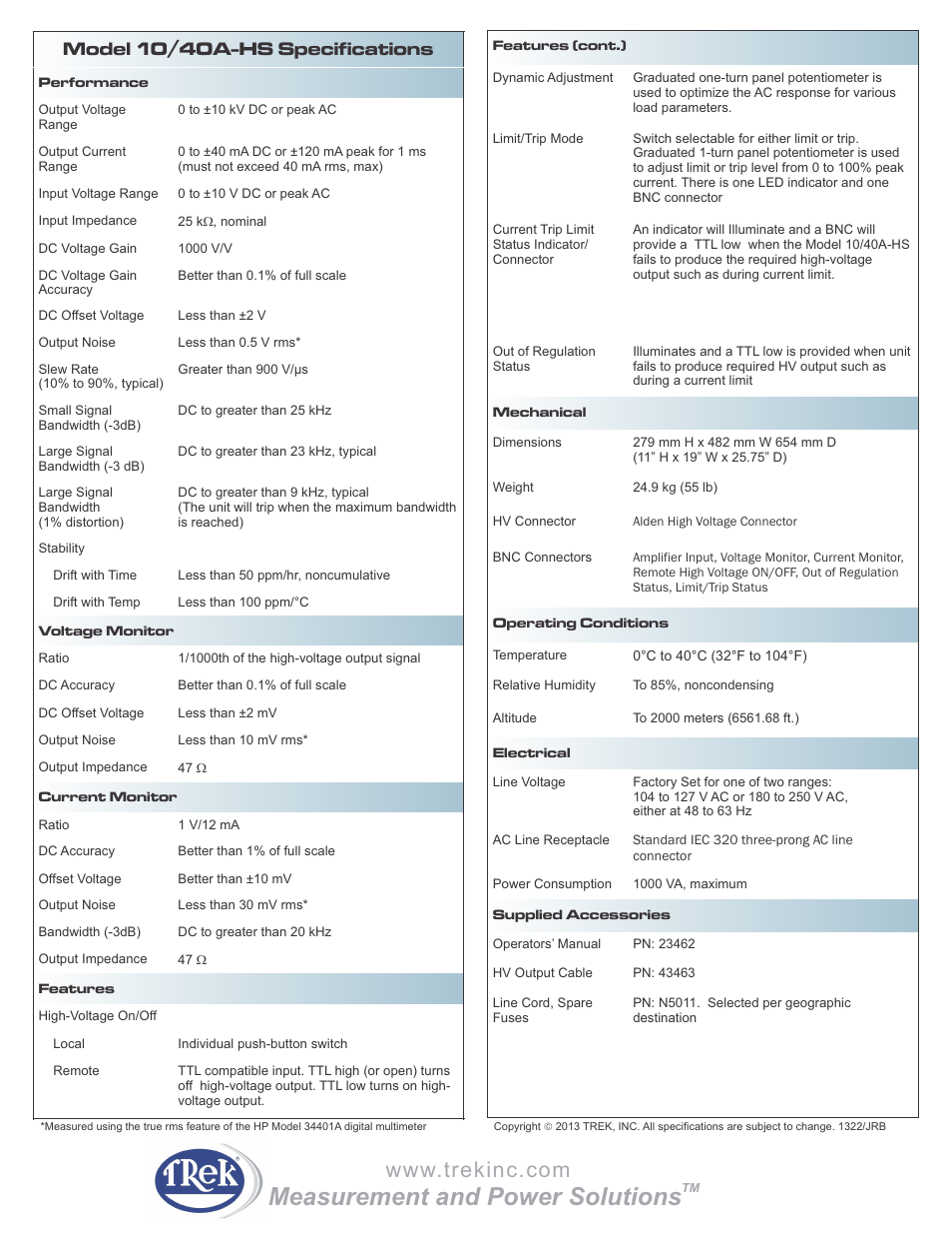 Measurement and power solutions, Model 10/40a-hs specifications | Trek 10-40A-hs High-Voltage Power Amplifier User Manual | Page 2 / 2