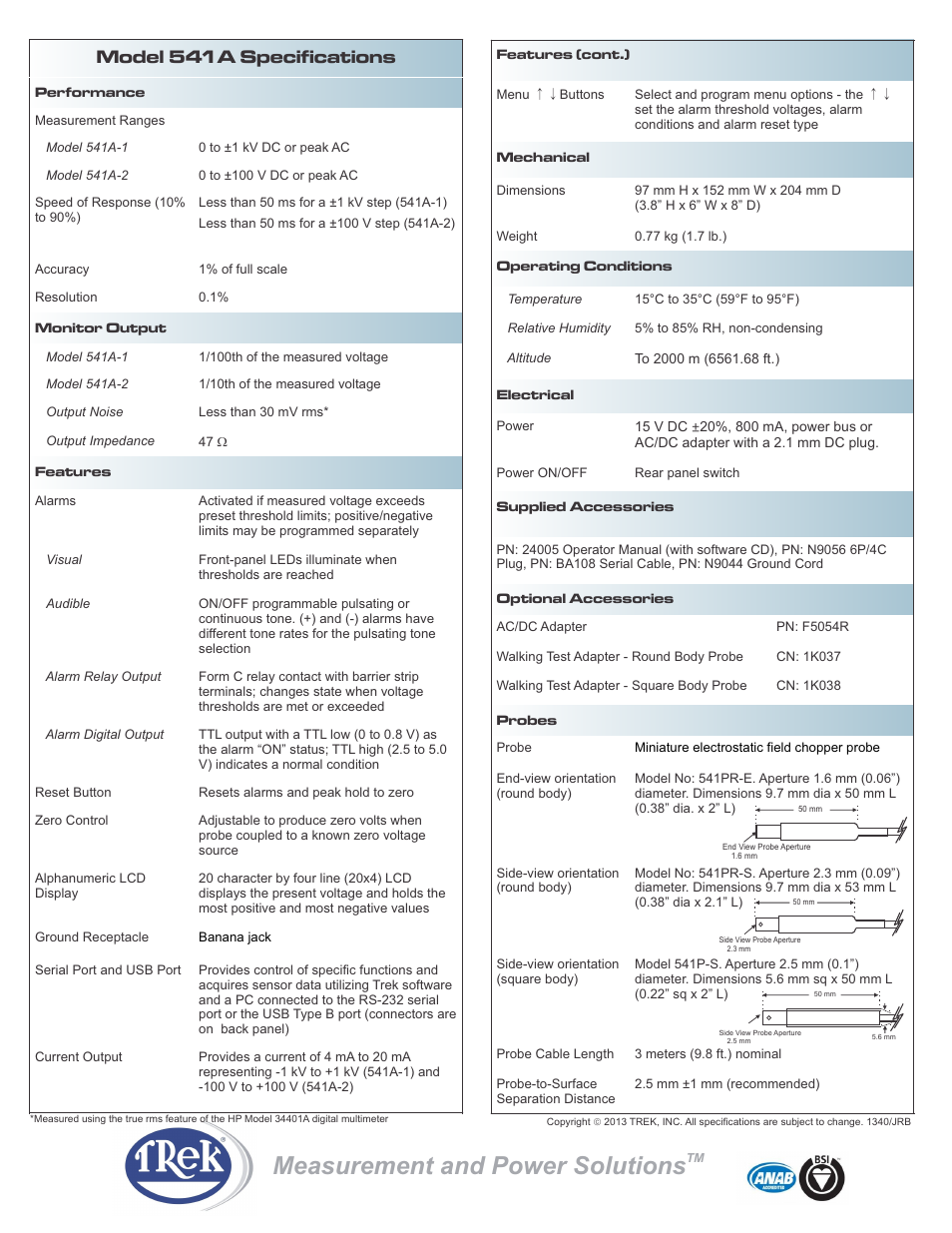 Measurement and power solutions, Model 541a specifications | Trek 541A Non-Contacting Electrostatic Voltmeter for EOS-ESD User Manual | Page 2 / 2
