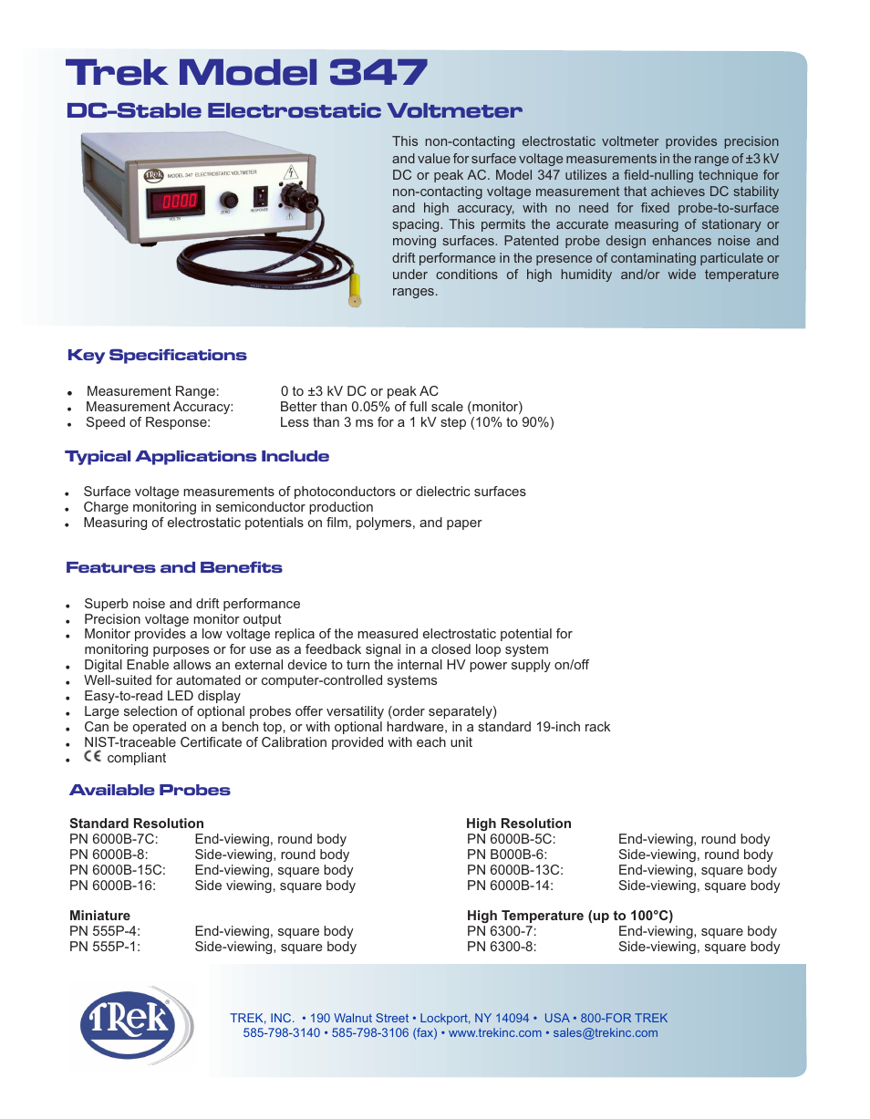 Trek 347 DC Stable Electrostatic Voltmeter User Manual | 2 pages