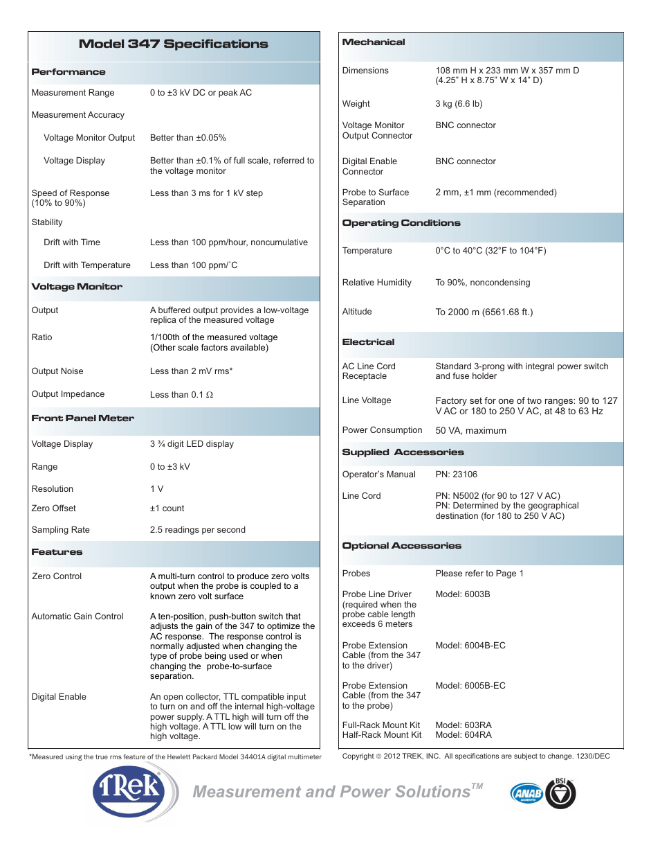 Measurement and power solutions, Model 347 specifications | Trek 347 DC Stable Electrostatic Voltmeter User Manual | Page 2 / 2