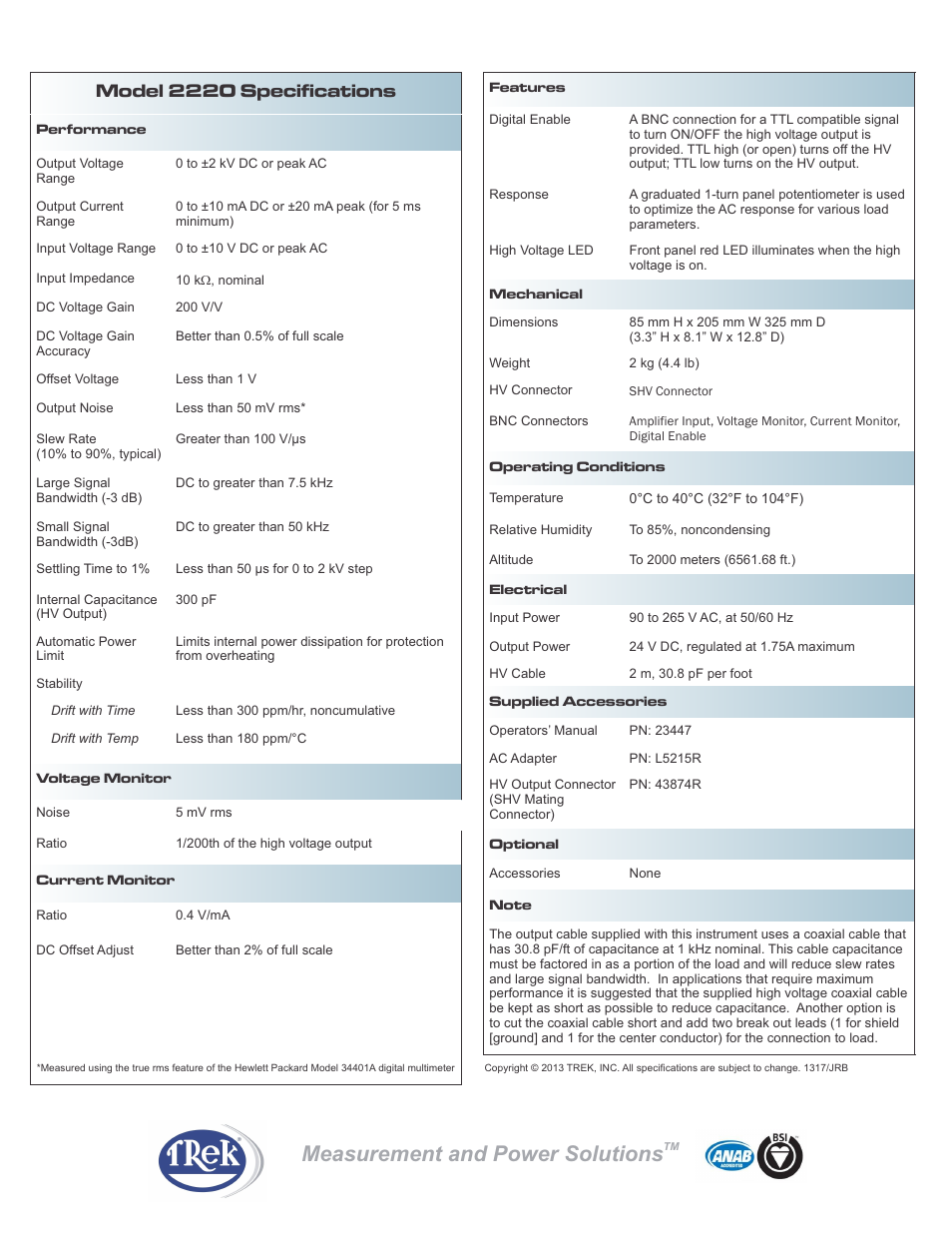Measurement and power solutions, Model 2220 specifications | Trek 2220 Piezo Driver-Power Amplifier User Manual | Page 2 / 2