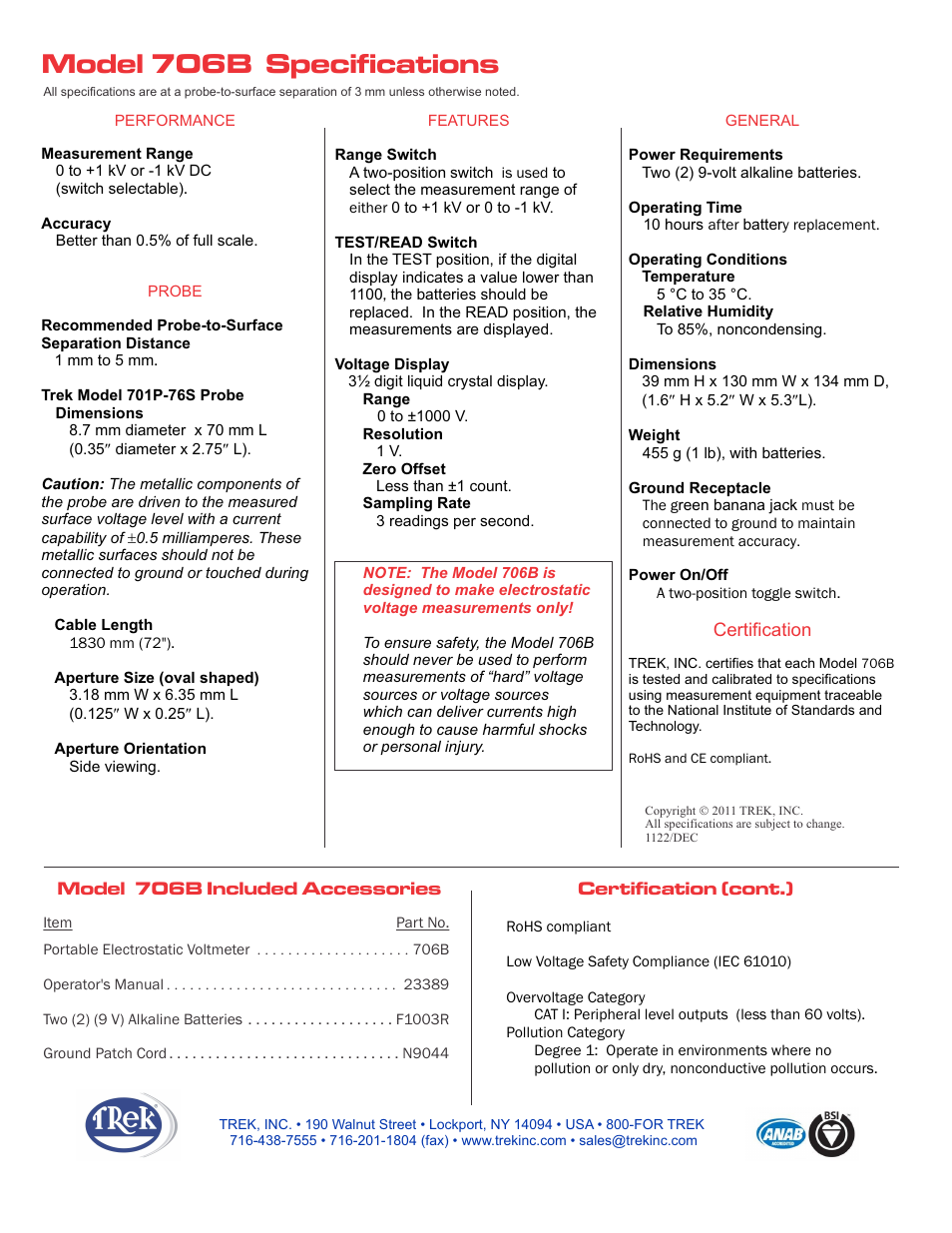 Trek 706B Portable Electrostatic Voltmeter User Manual | Page 2 / 2