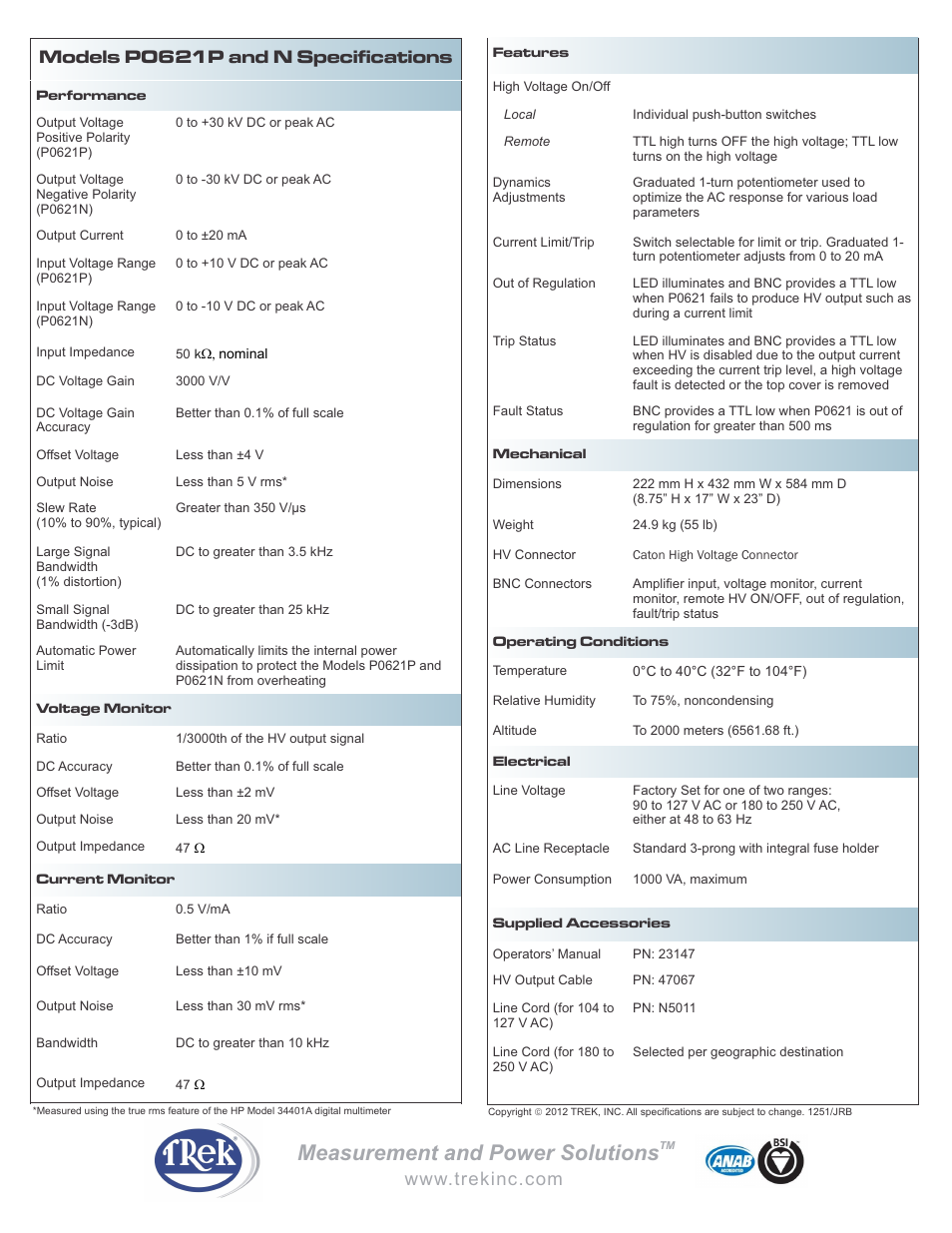Measurement and power solutions, Models p0621p and n specifications | Trek P0621 High-Voltage Power Amplifier User Manual | Page 2 / 2