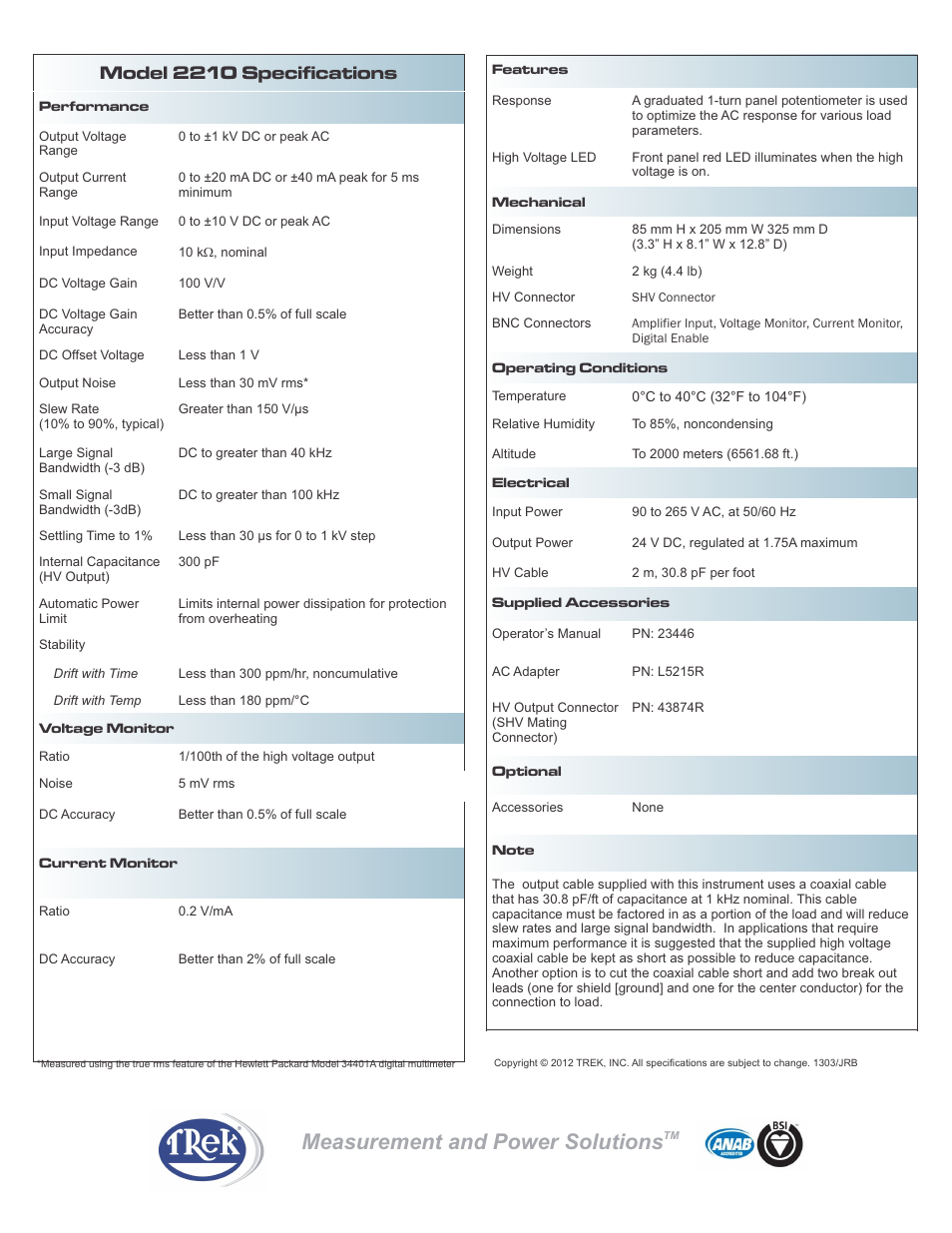 Measurement and power solutions, Model 2210 specifications | Trek 2210 Piezo Driver-Power Amplifier User Manual | Page 2 / 2