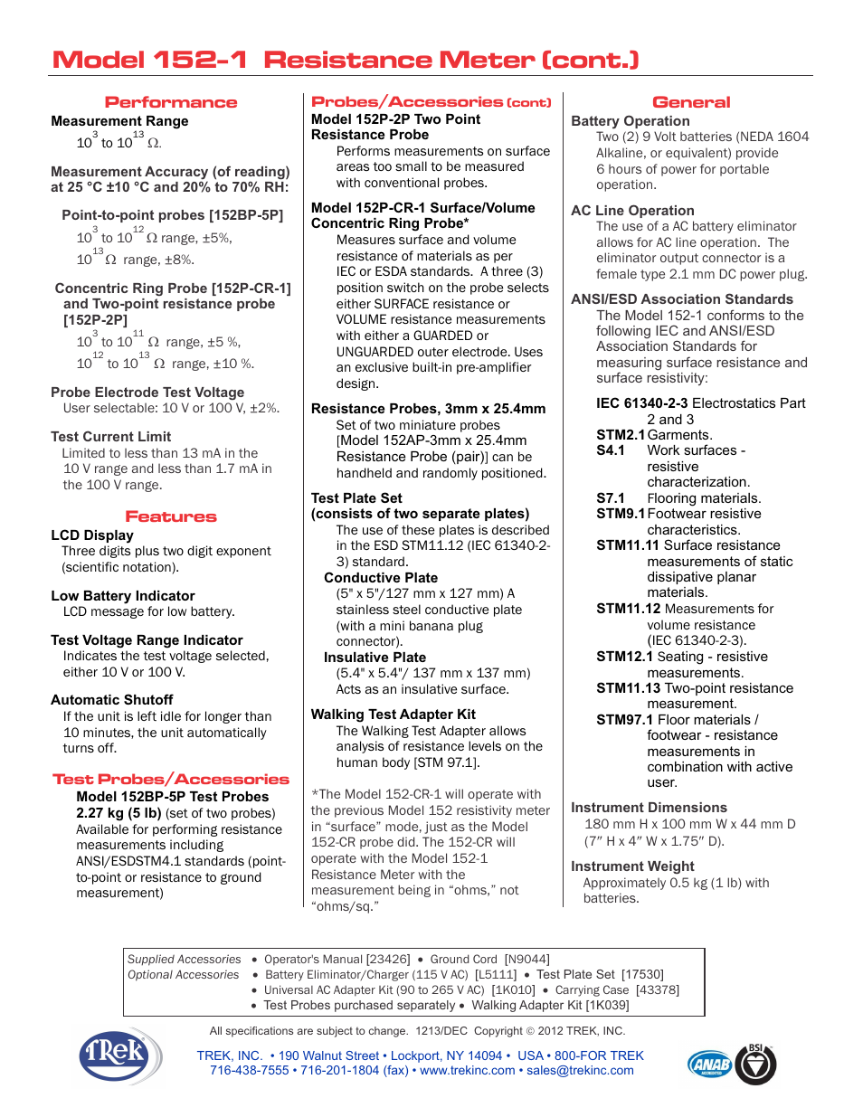 Model 152-1 resistance meter (cont.) | Trek 152-1 Resistance Meter User Manual | Page 2 / 2