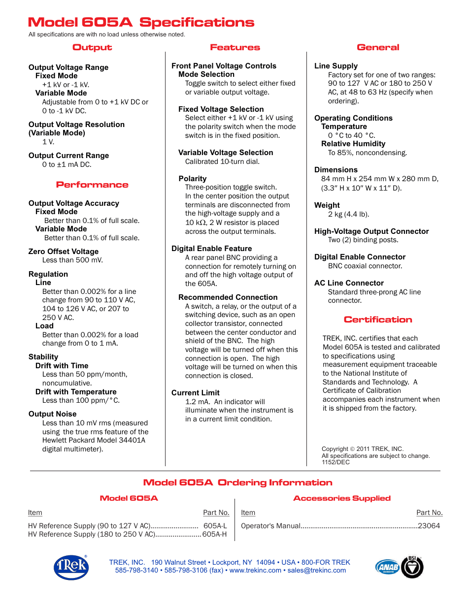 Model 10/40a specifications, Model 605a specifications | Trek 605A High-Voltage Reference Supply User Manual | Page 2 / 2