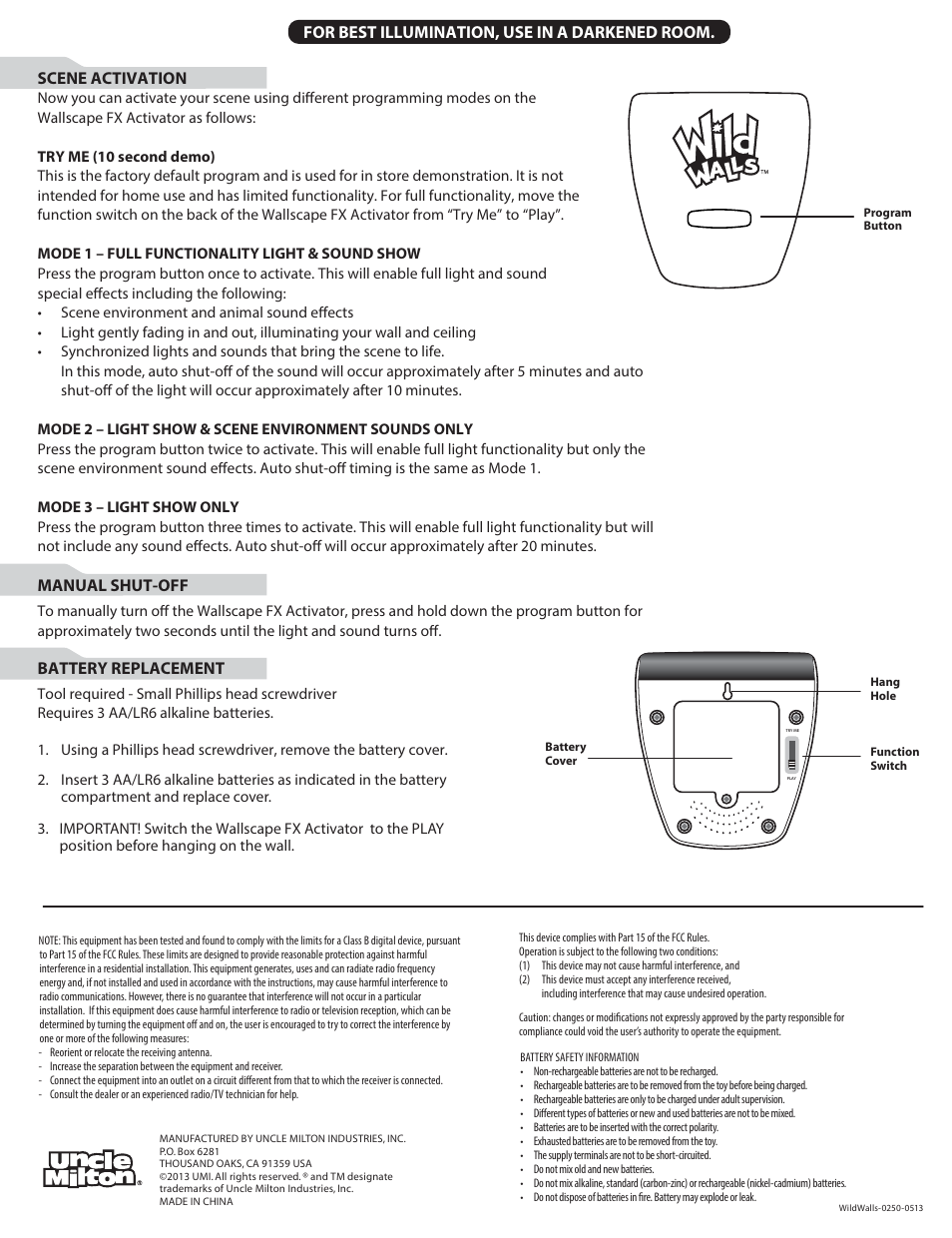 Scene set-up, Scene activation, Manual shut-off | Battery replacement, For best illumination, use in a darkened room | Uncle Milton Shark Encounter User Manual | Page 2 / 2