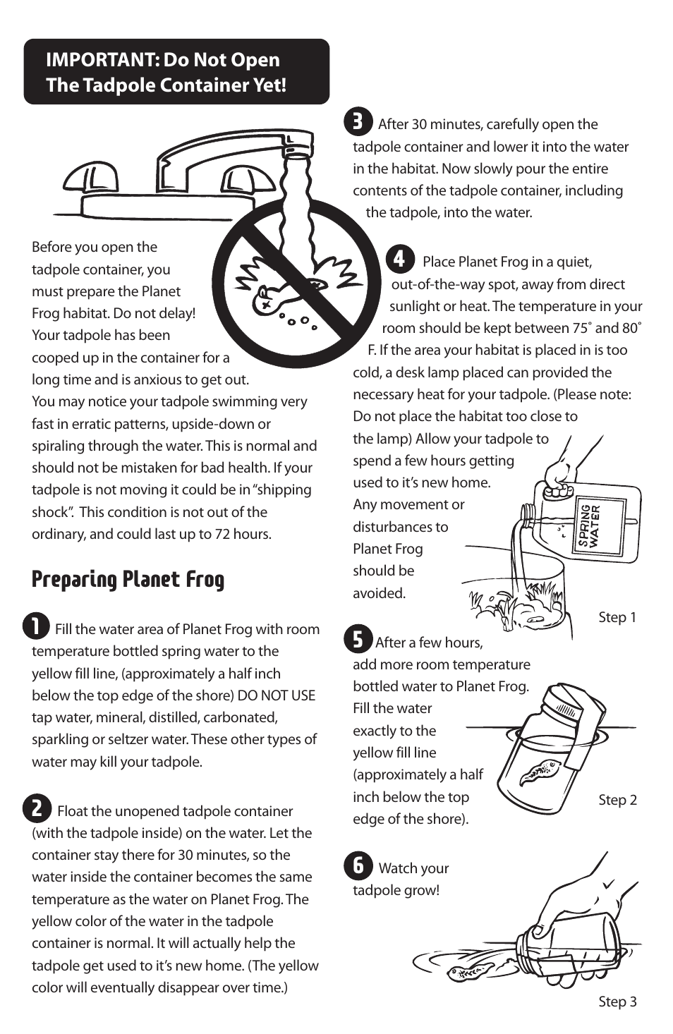 Preparing planet frog 1, Important: do not open the tadpole container yet | Uncle Milton Planet Frog User Manual | Page 3 / 8