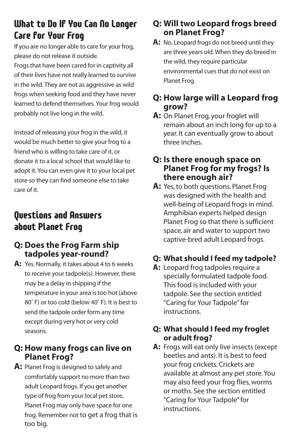 What to do if you can no longer care for your frog, Questions and answers about planet frog | Uncle Milton Planet Frog User Manual | Page 6 / 8