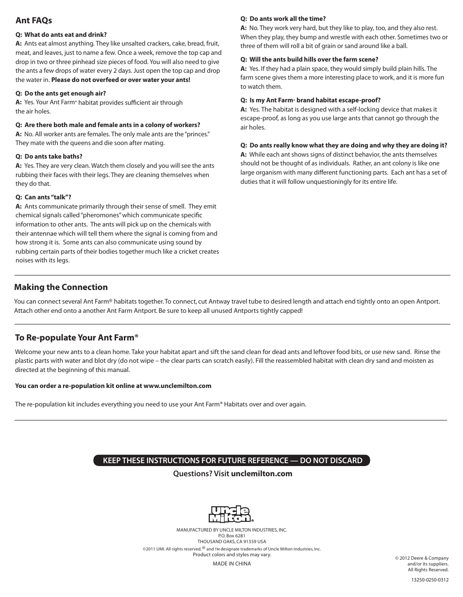Ant faqs, Making the connection | Uncle Milton John Deere Ant Farm User Manual | Page 2 / 2