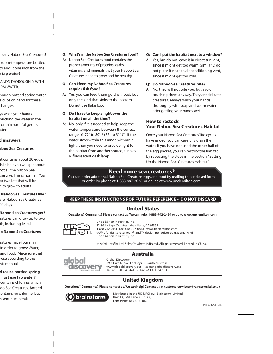 Need more sea creatures, United states australia united kingdom | Uncle Milton Naboo Sea Creatures User Manual | Page 3 / 3