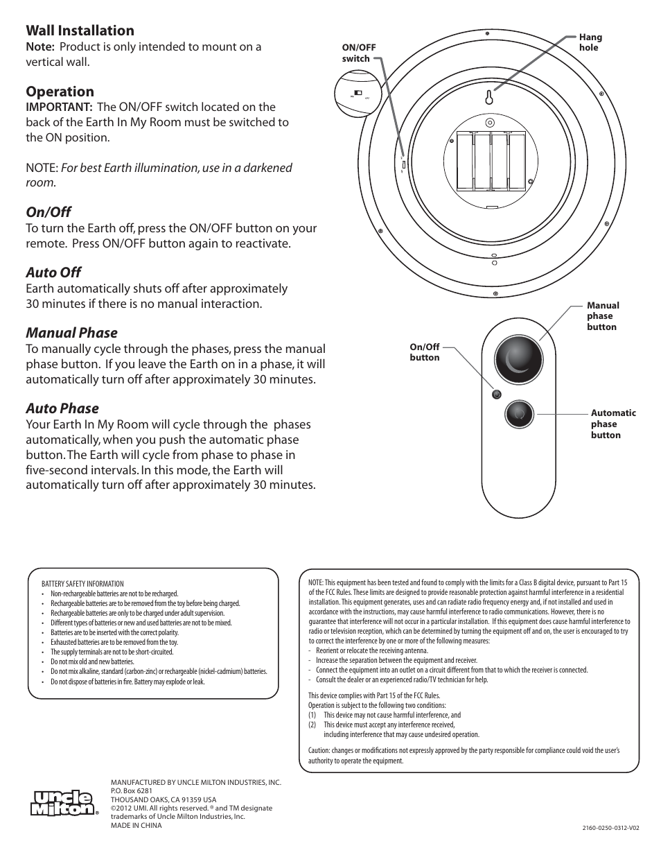 Wall installation, Operation, On/off | Auto off, Manual phase, Auto phase | Uncle Milton Earth In My Room User Manual | Page 2 / 2