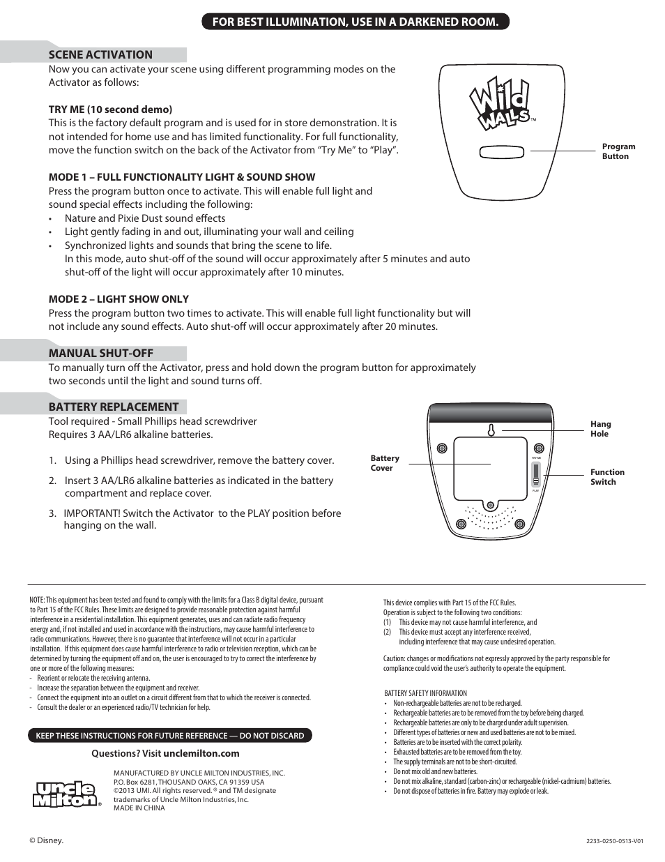 Scene set-up, Scene activation, Manual shut-off | Battery replacement, For best illumination, use in a darkened room | Uncle Milton Garden of Fairy Friends User Manual | Page 2 / 2