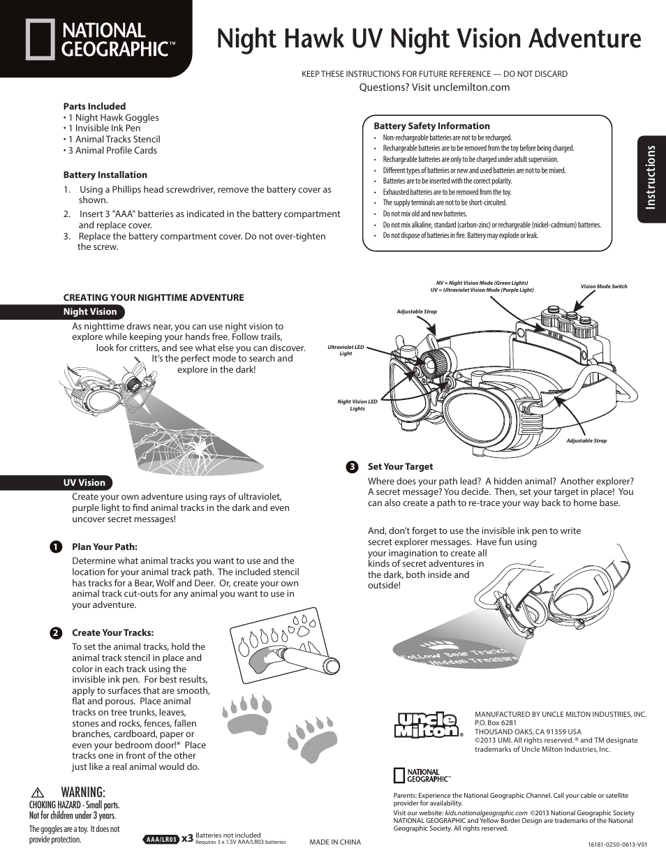 Uncle Milton Night Hawk: UV Night Vision Adventures User Manual | 1 page