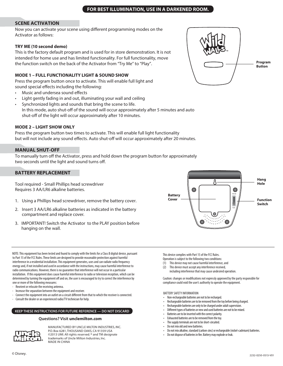 Scene set-up, Scene activation, Manual shut-off | Battery replacement, For best illumination, use in a darkened room | Uncle Milton Under the Sea Journey User Manual | Page 2 / 2