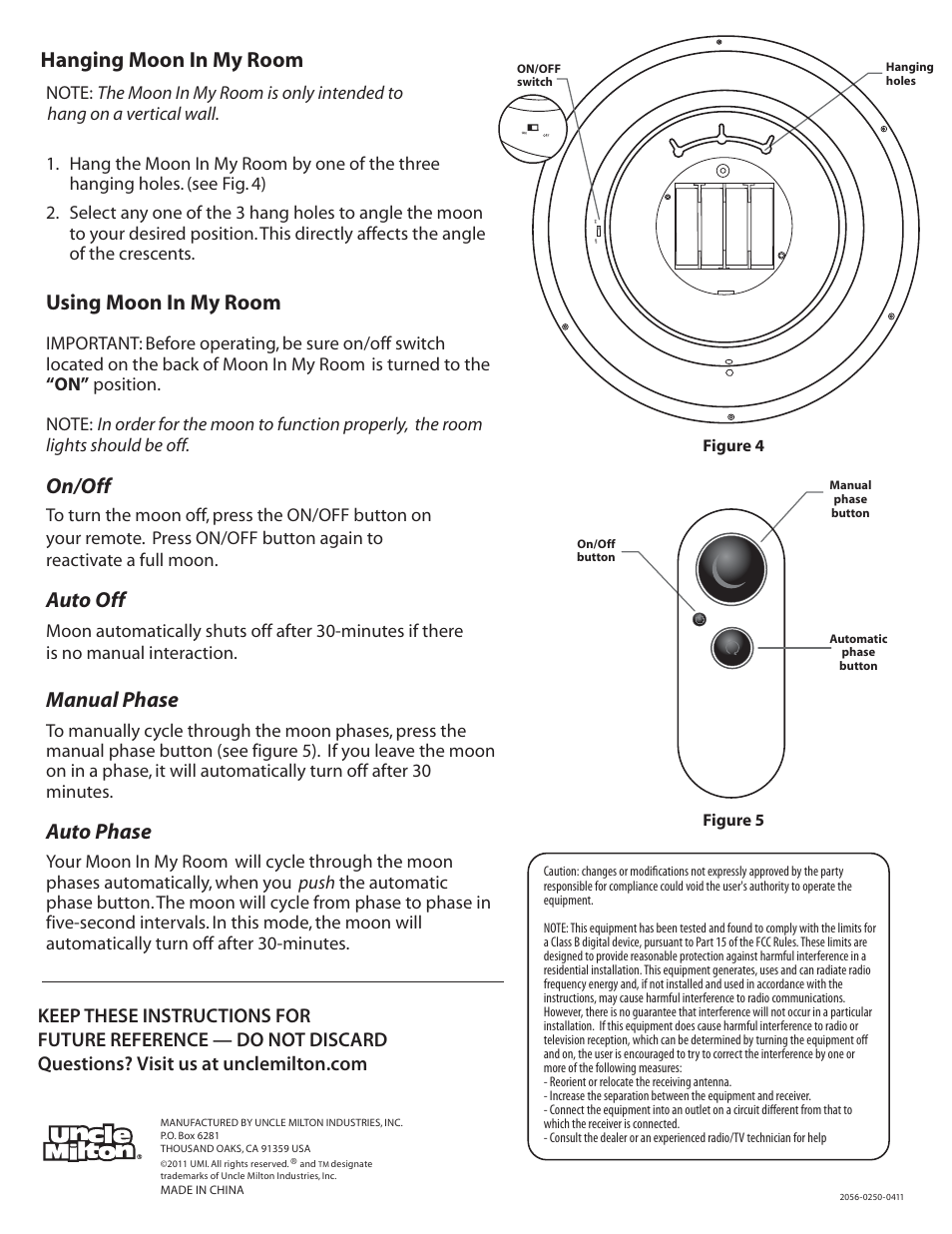 Hanging moon in my room, Using moon in my room, Auto off | On/off, Auto phase, Manual phase | Uncle Milton's Toys Moon In My Room User Manual | Page 2 / 2
