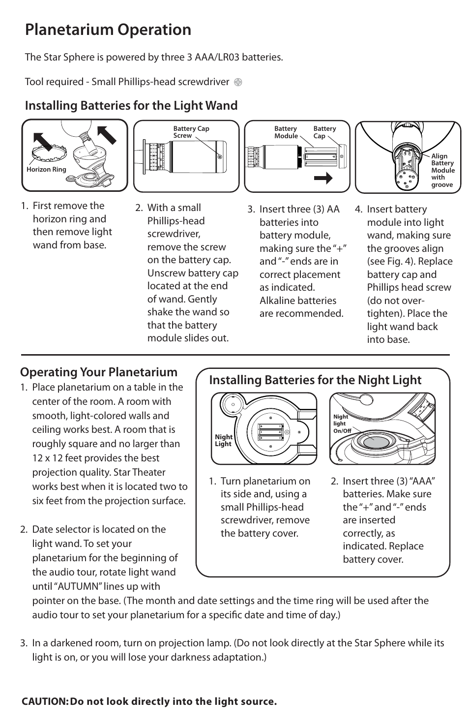 Planetarium operation, Installing batteries for the light wand, Operating your planetarium | Installing batteries for the night light | Uncle Milton Star Planetarium User Manual | Page 3 / 6