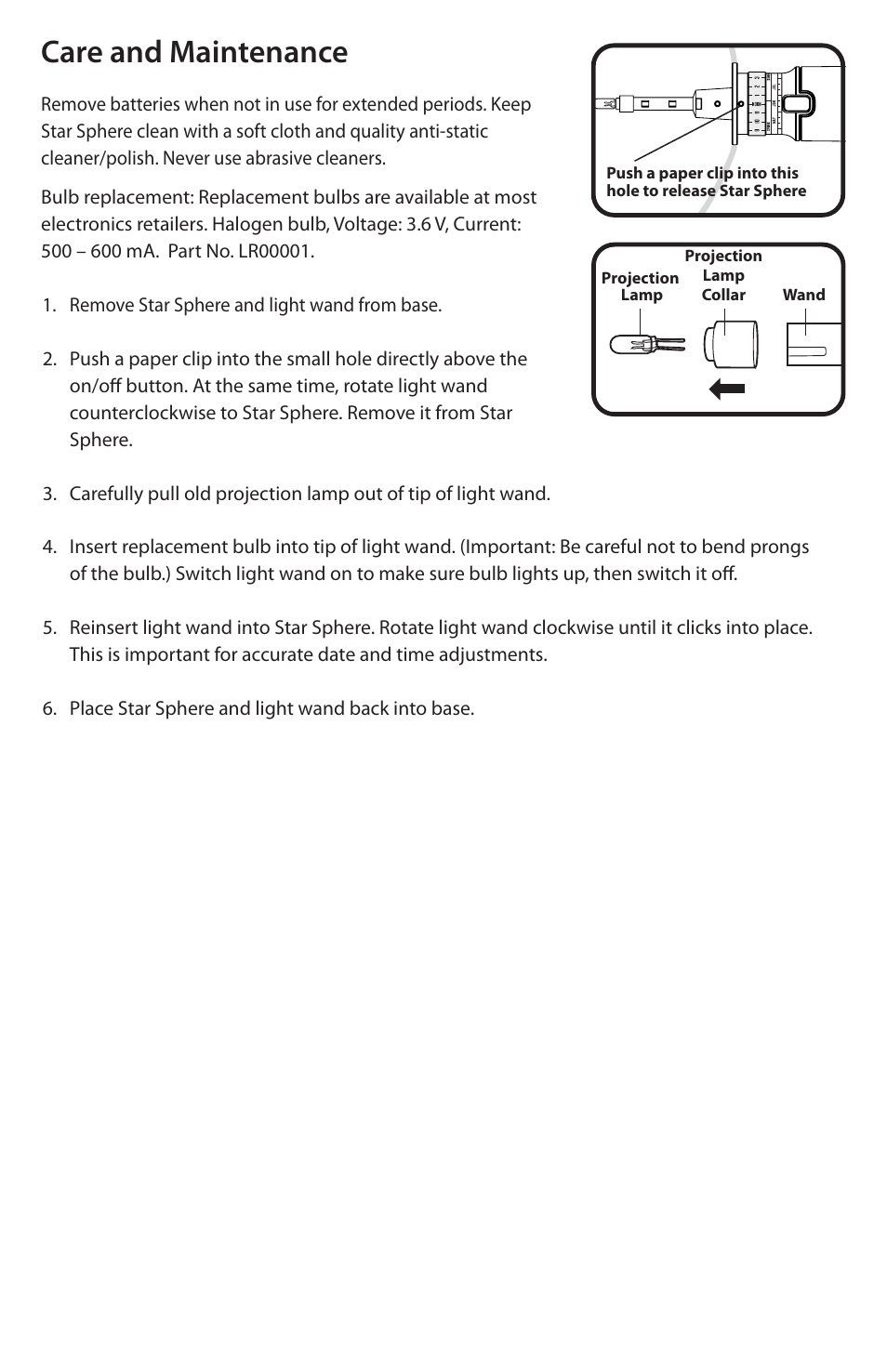 Care and maintenance | Uncle Milton Star Planetarium User Manual | Page 5 / 6