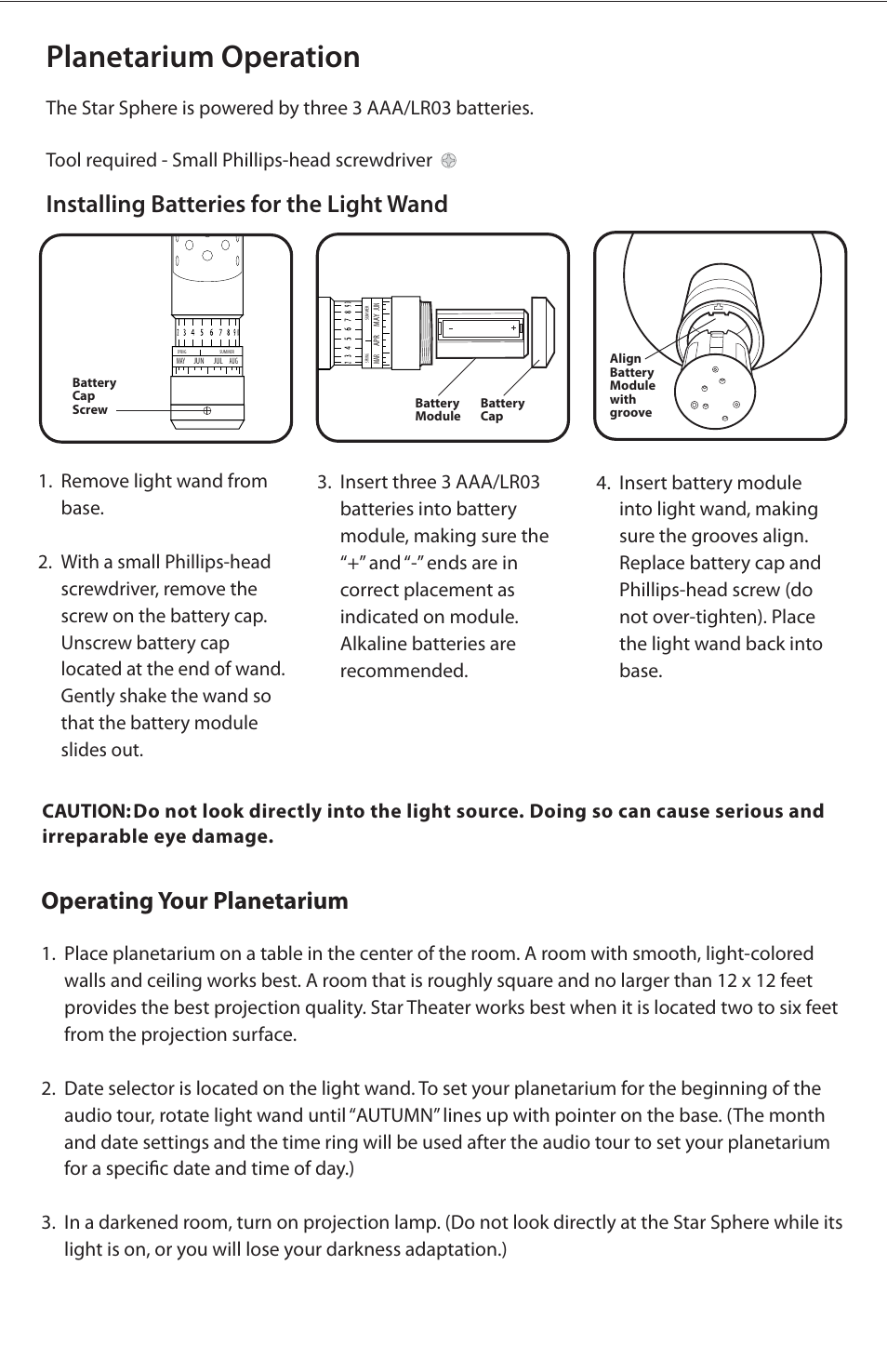 Planetarium operation, Installing batteries for the light wand, Operating your planetarium | Uncle Milton Star Theater User Manual | Page 3 / 6