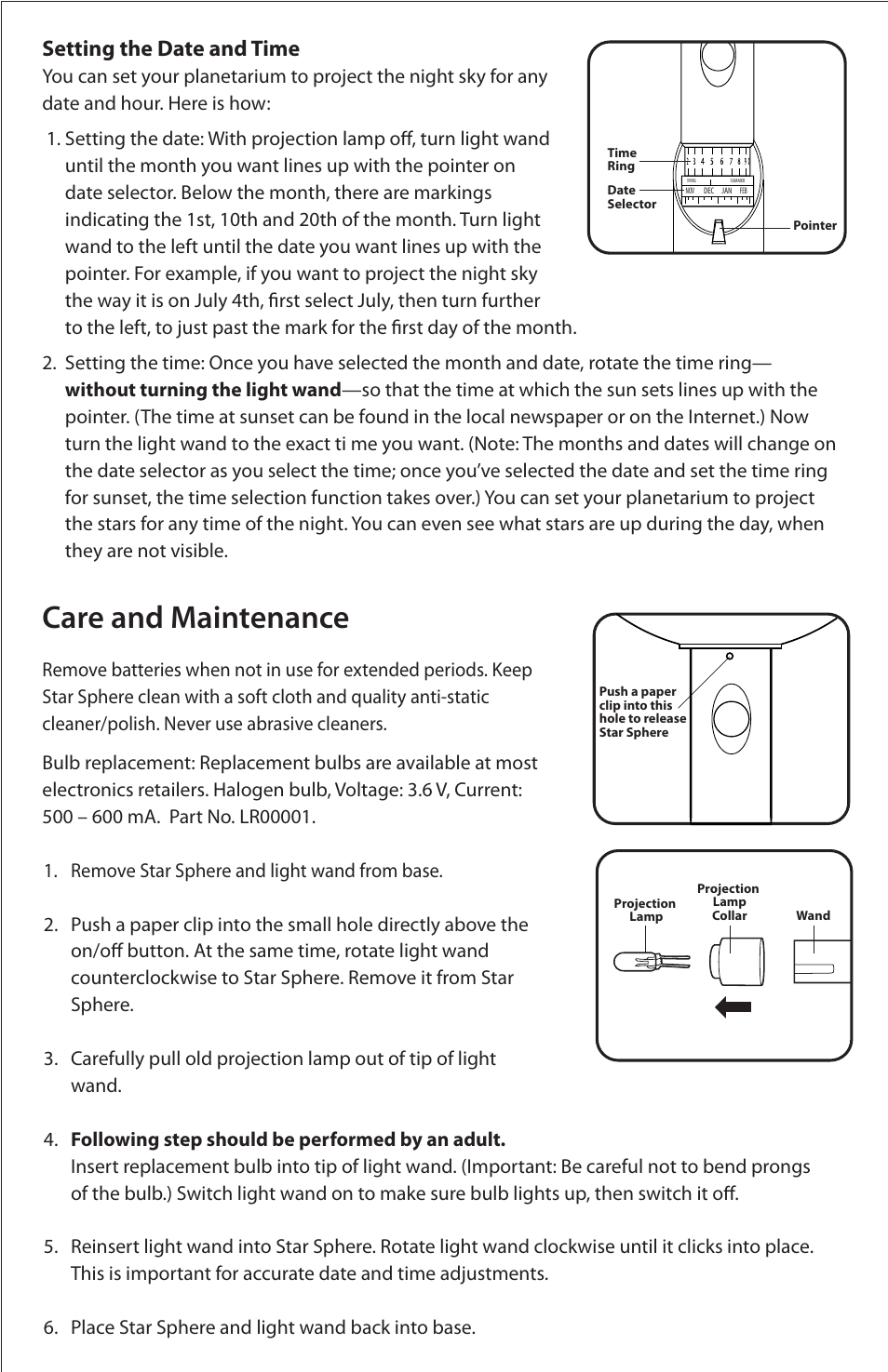 Care and maintenance, Setting the date and time | Uncle Milton Star Theater User Manual | Page 4 / 6