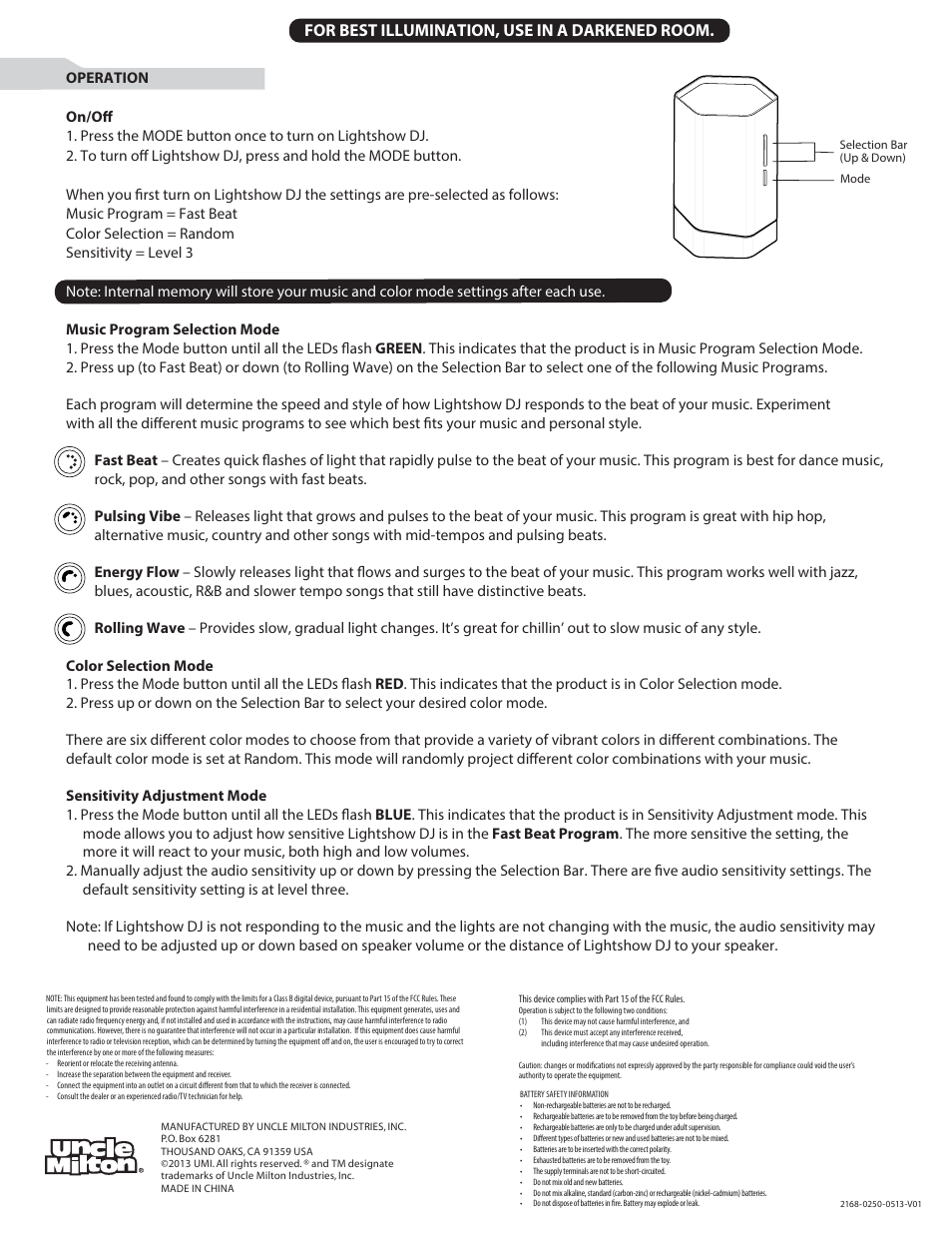 For best illumination, use in a darkened room | Uncle Milton Lightshow DJ User Manual | Page 2 / 2