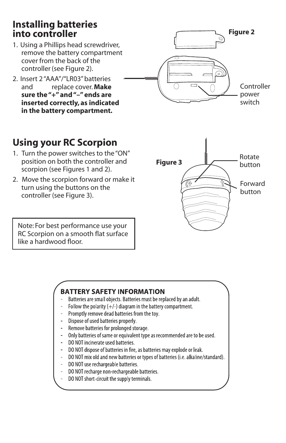 Installing batteries into controller, Using your rc scorpion | Uncle Milton RC Scorpion User Manual | Page 3 / 4