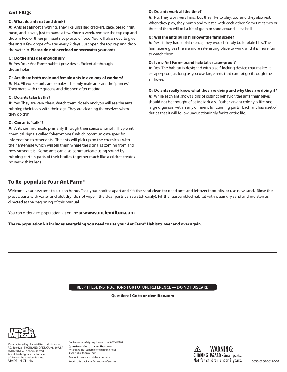 Ant faqs | Uncle Milton Giant Ant Farm User Manual | Page 2 / 2