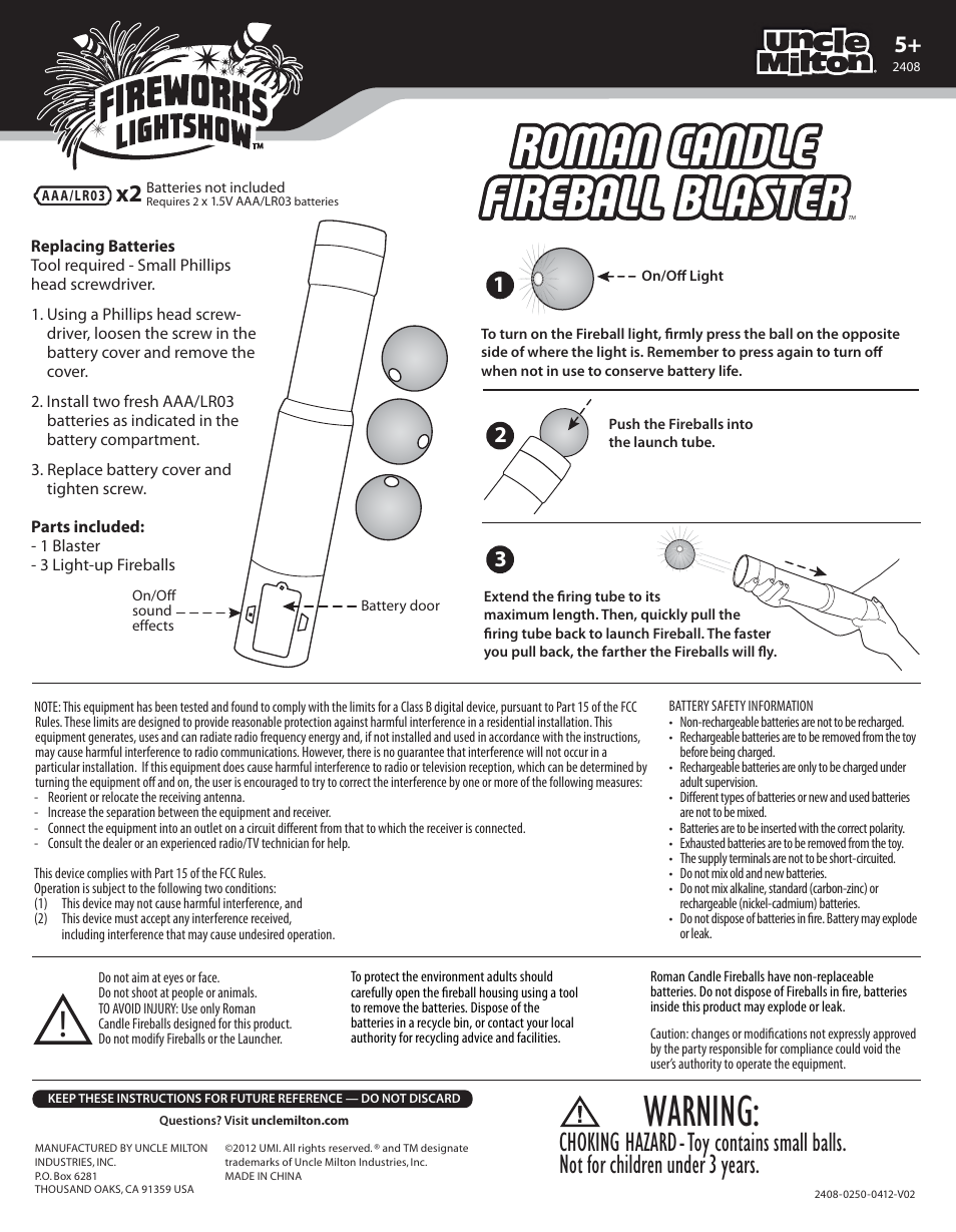 Uncle Milton Roman Candle Fireball Blaster User Manual | 1 page