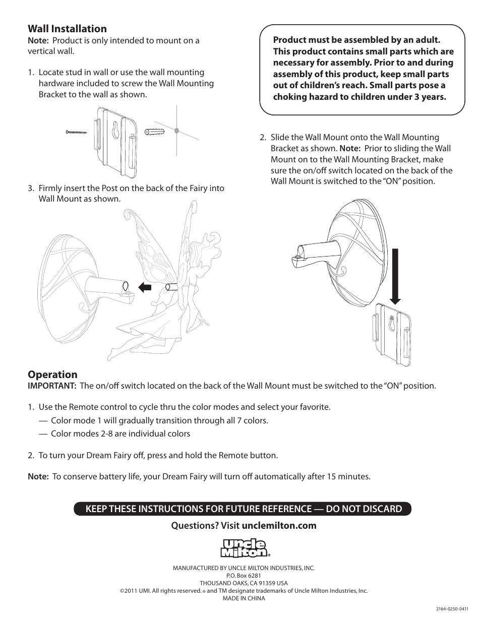 Wall installation, Operation | Uncle Milton Dream Fairy Room Light User Manual | Page 2 / 2