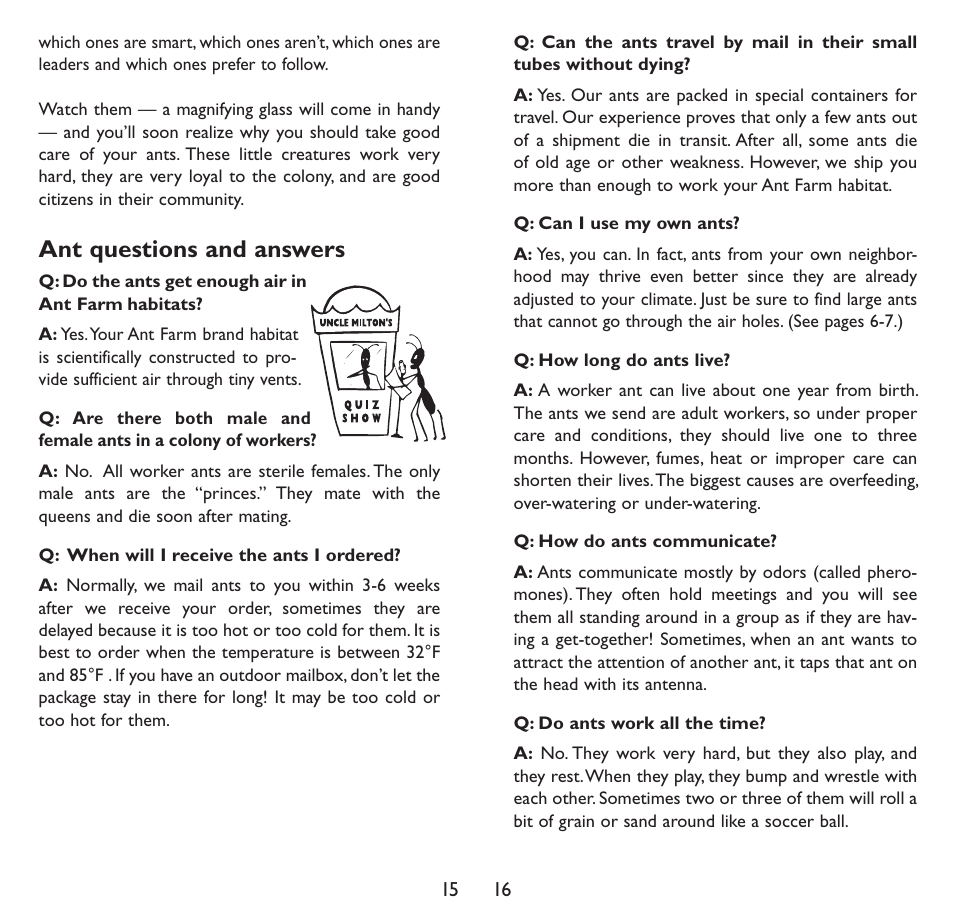 Ant questions and answers | Uncle Milton Vintage Ant Farm User Manual | Page 9 / 10