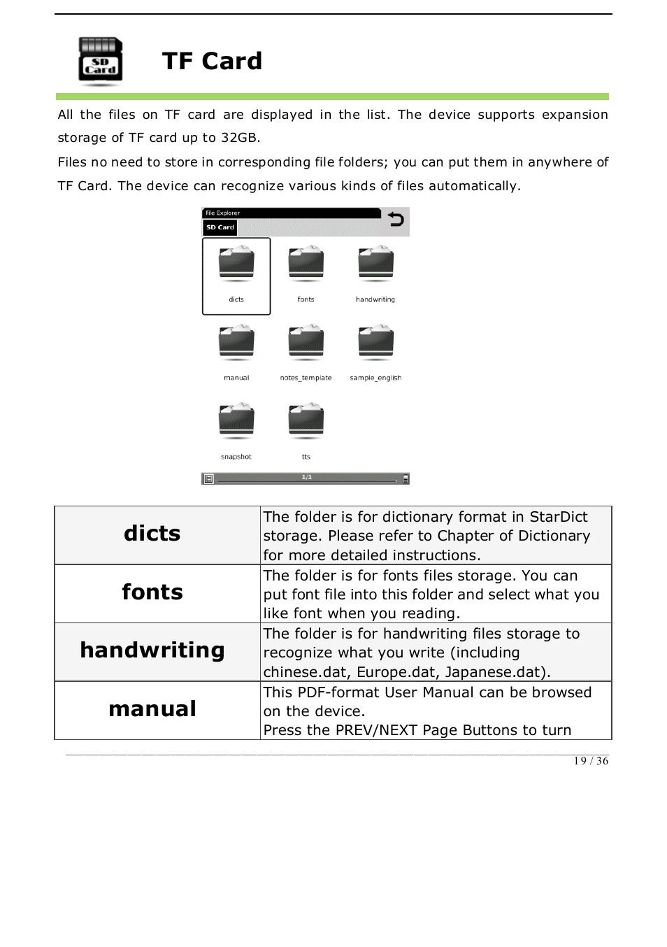 Tf card, Dicts, Fonts | Handwriting, Manual | ONYX BOOX i62 User Manual | Page 19 / 36