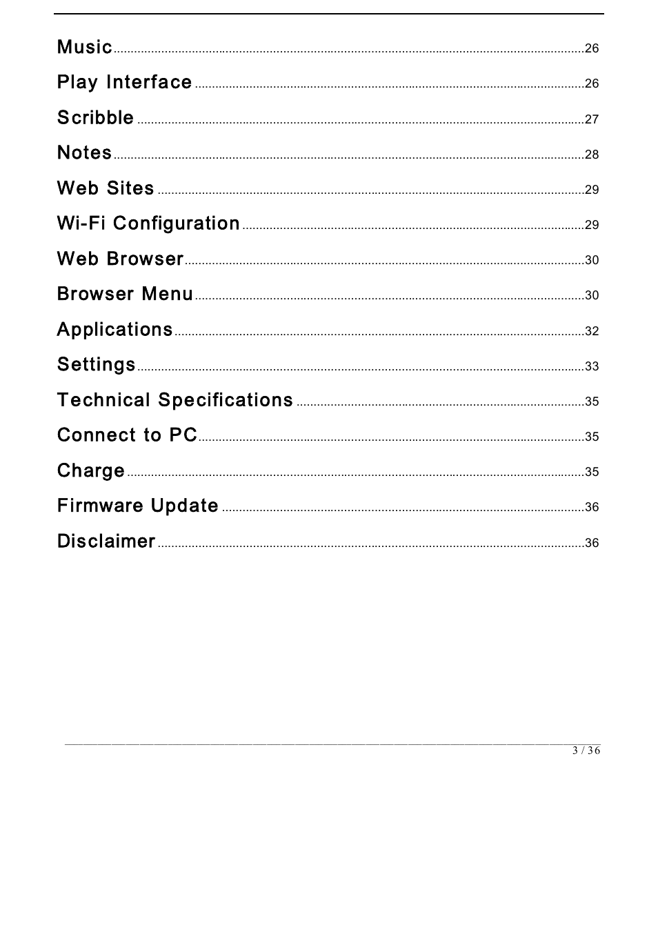 Music, Play interface, Scribble | Web sites, Wi-fi configuration, Web browser, Browser menu, Applications, Settings, Technical specifications | ONYX BOOX i62 User Manual | Page 3 / 36