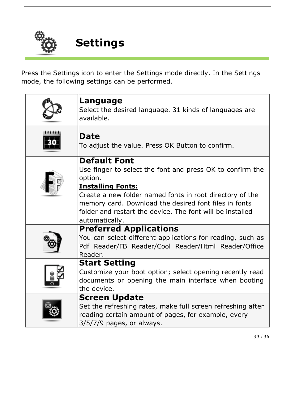 Settings | ONYX BOOX i62 User Manual | Page 33 / 36