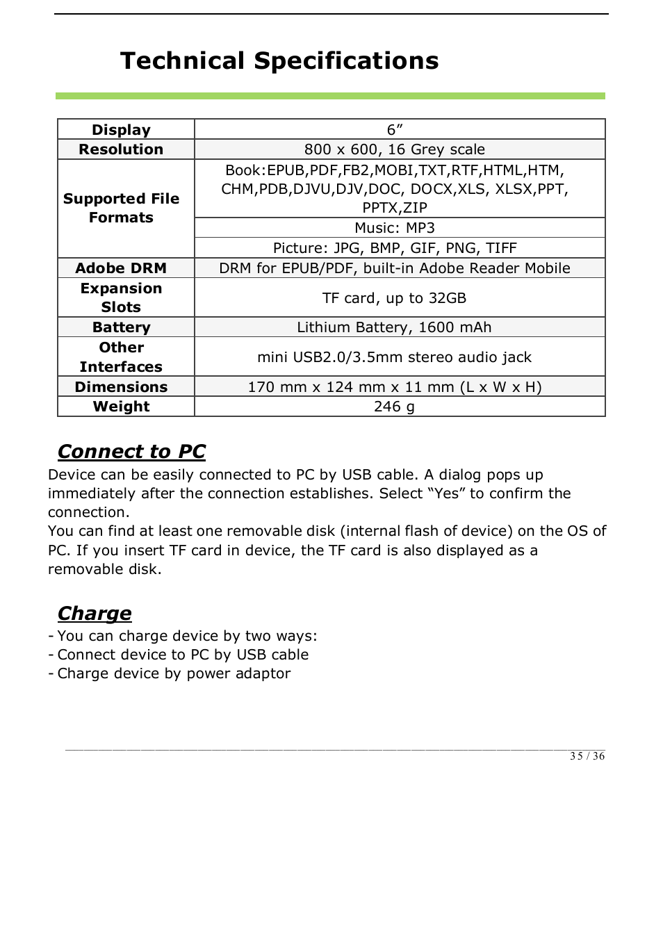 Technical specifications, Connect to pc, Charge | ONYX BOOX i62 User Manual | Page 35 / 36