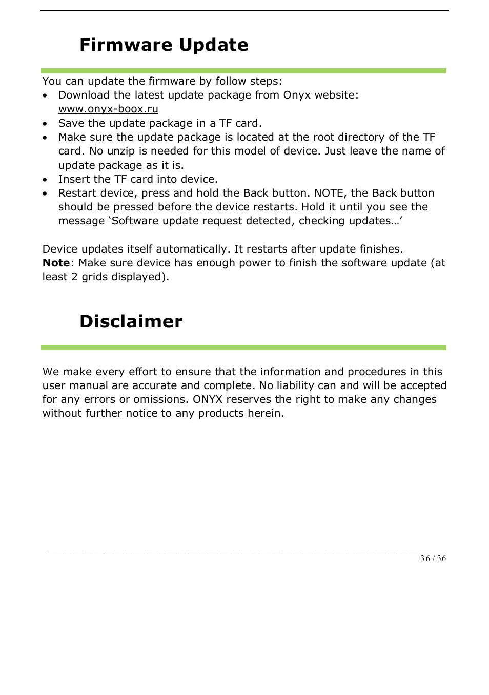 Firmware update, Disclaimer | ONYX BOOX i62 User Manual | Page 36 / 36