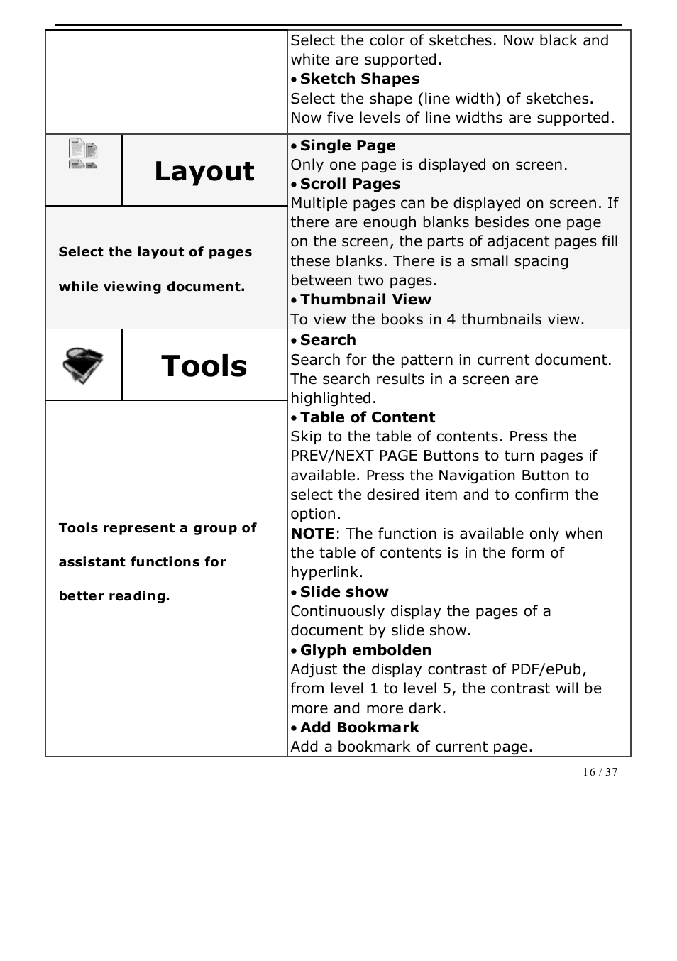 Tools, Layout | ONYX BOOX A62 User Manual | Page 16 / 37