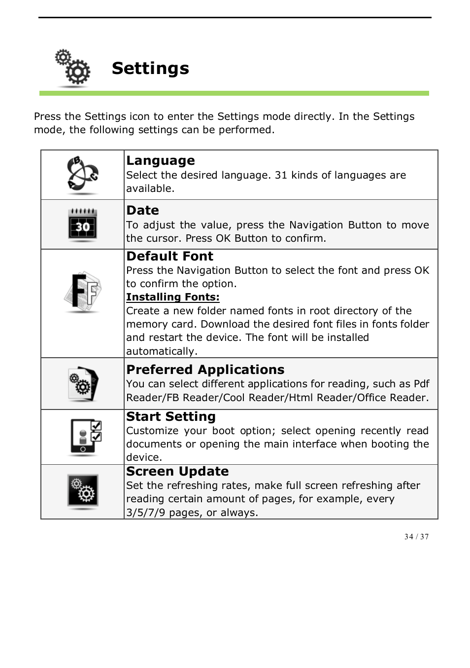 Settings | ONYX BOOX A62 User Manual | Page 34 / 37