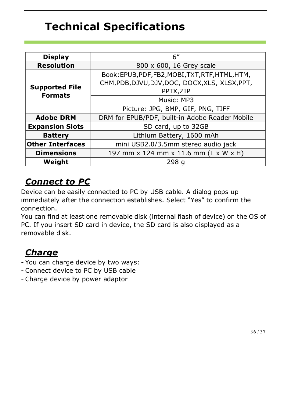 Technical specifications, Connect to pc, Charge | ONYX BOOX A62 User Manual | Page 36 / 37