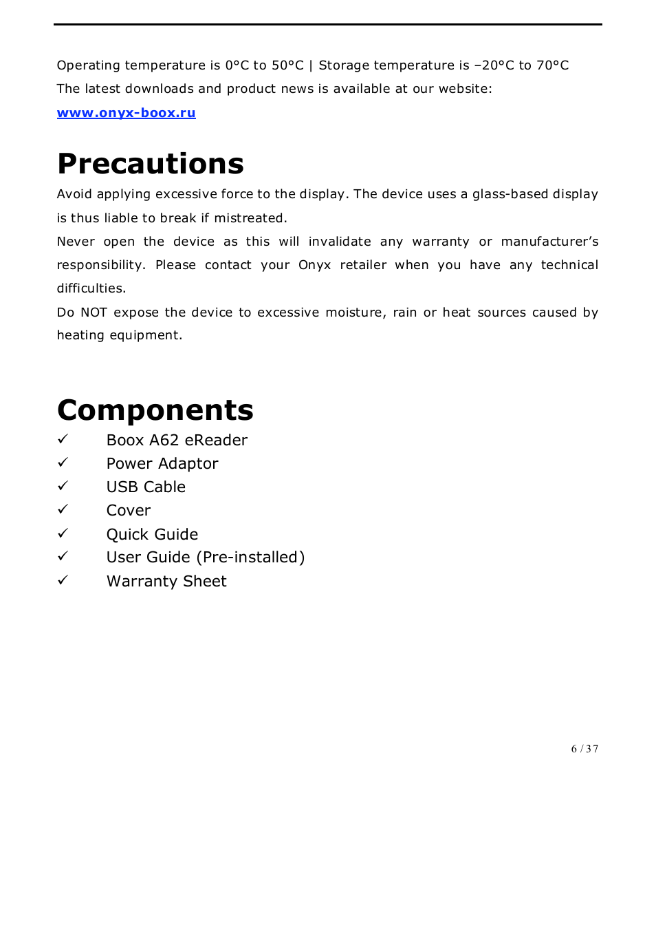 Precautions, Components | ONYX BOOX A62 User Manual | Page 6 / 37