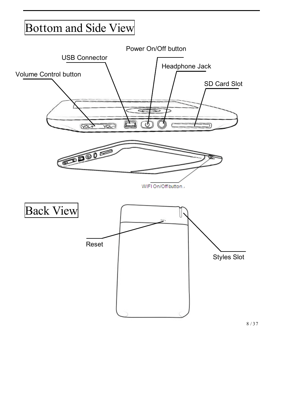 Bottom and side view, Back view | ONYX BOOX A62 User Manual | Page 8 / 37